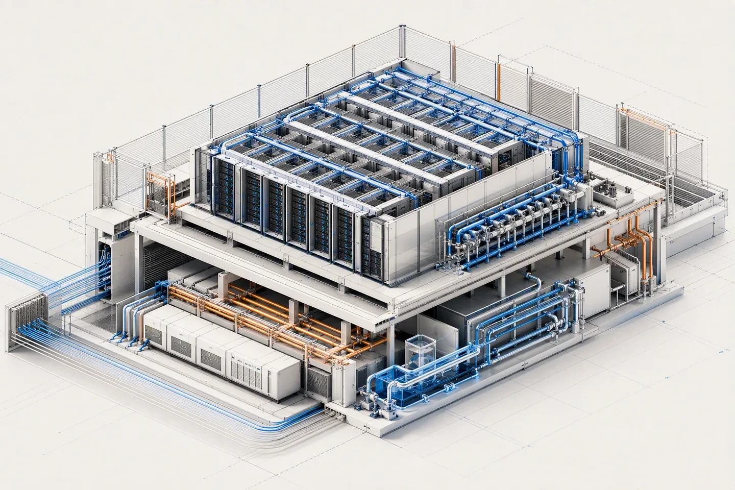 Editorial cutaway illustration of modular racks, cooling lines, power distribution, security boundaries, and network paths