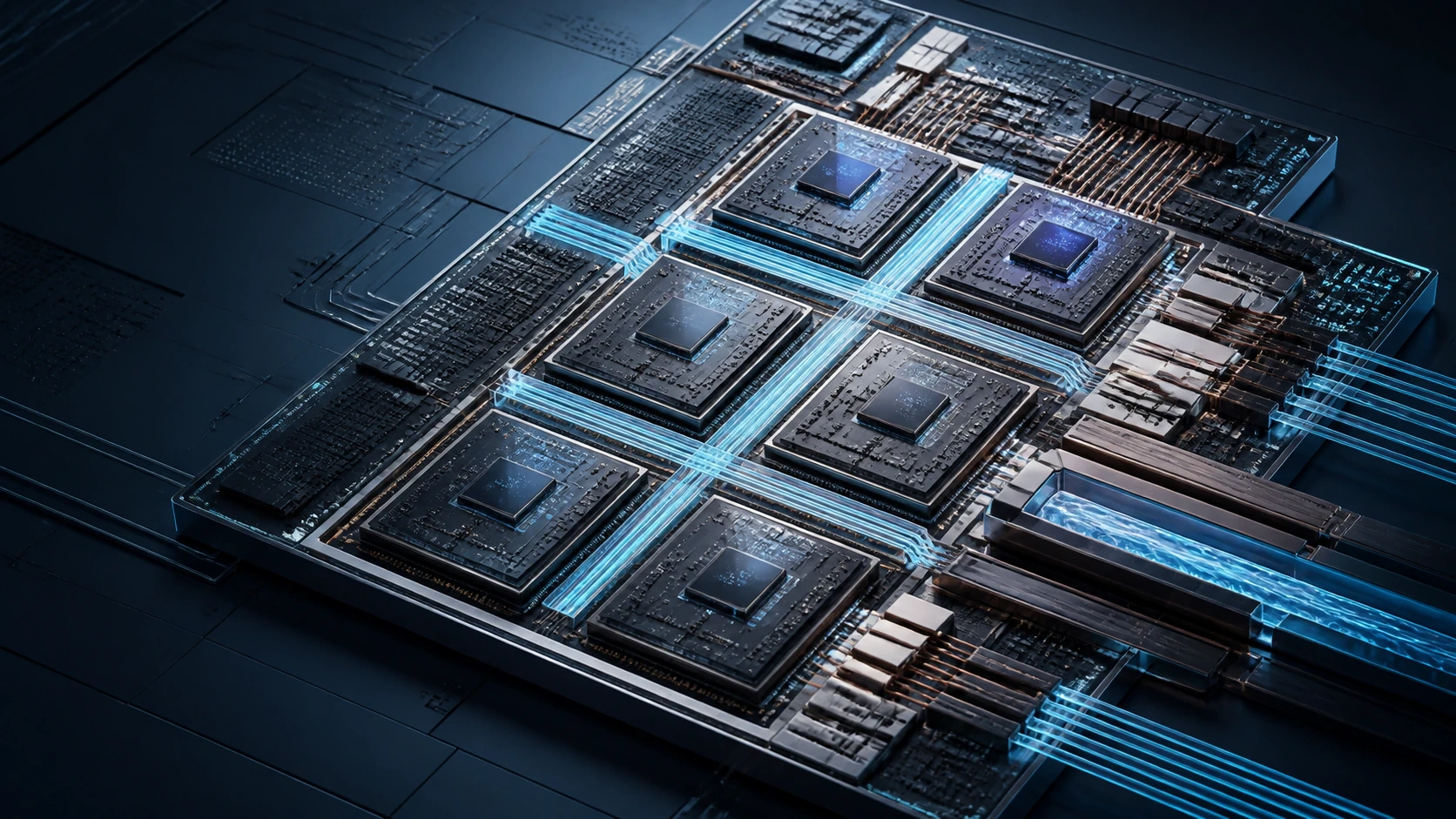 Conceptual chip-scale compute infrastructure with integrated power, cooling, and photonic data paths