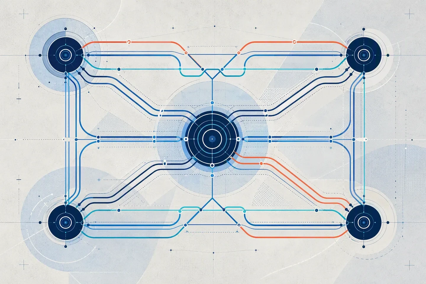 Editorial network atlas showing four infrastructure nodes connected through redundant optical routes